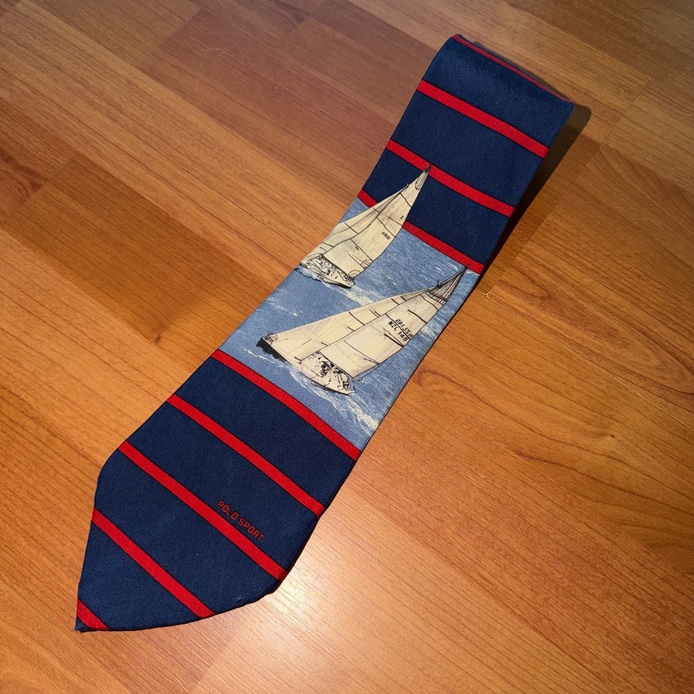 Vintage Polo Sport Ralph Lauren Sailboat Silk Tie Navy Blue Red Yachting USA 90s